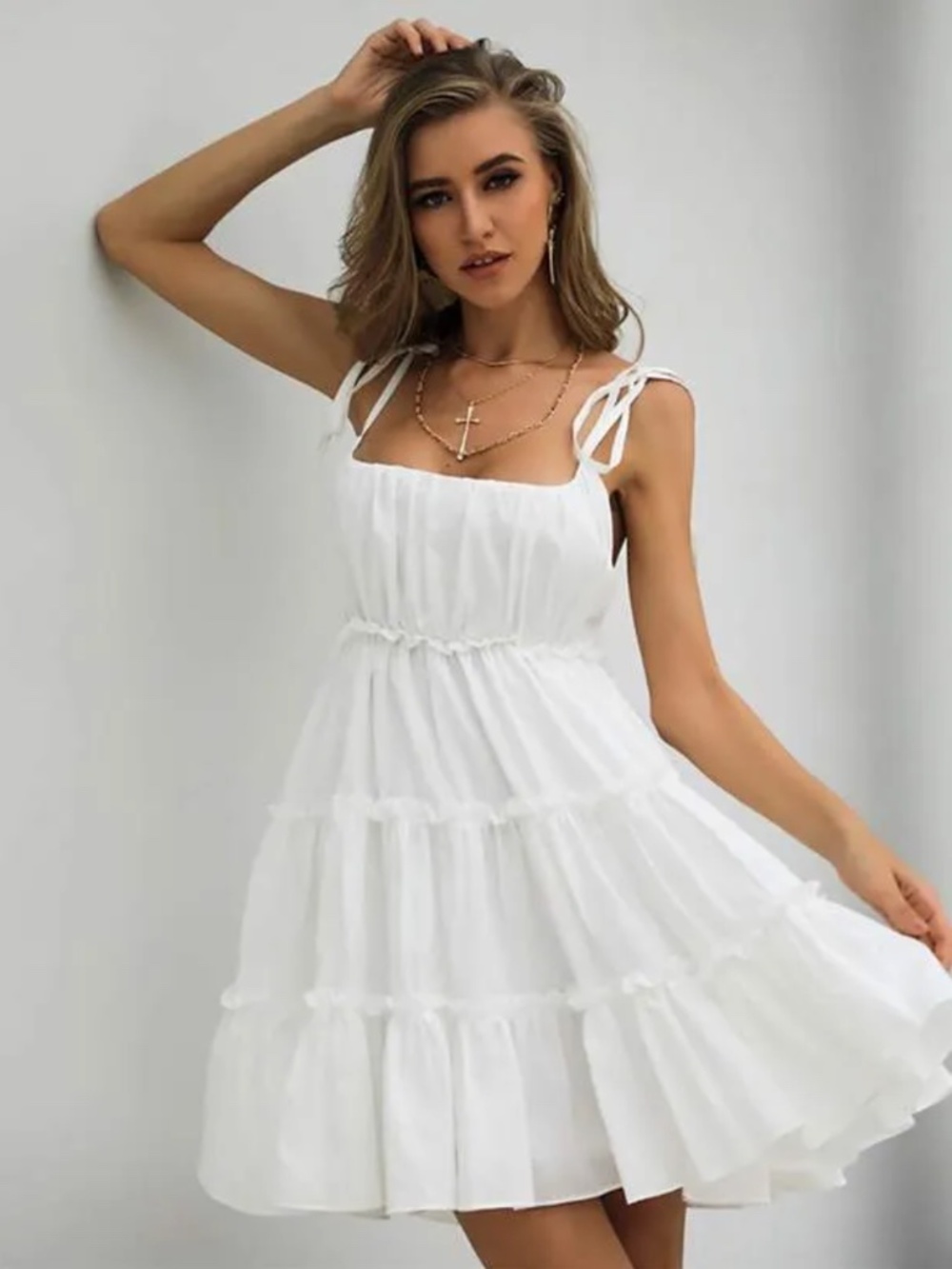 Breezy Summer Boho Cottagecore Tiered Knot Straps Frill Trim Cami Dress XS NWT